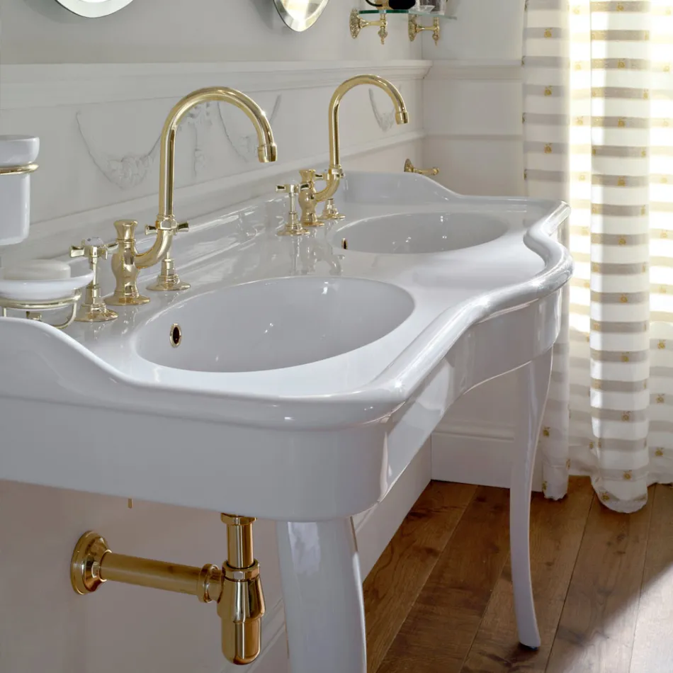 Lavabo Consolle Vintage Doppia Vasca e Piedi in Ceramica Made in Italy - Paulina Viadurini