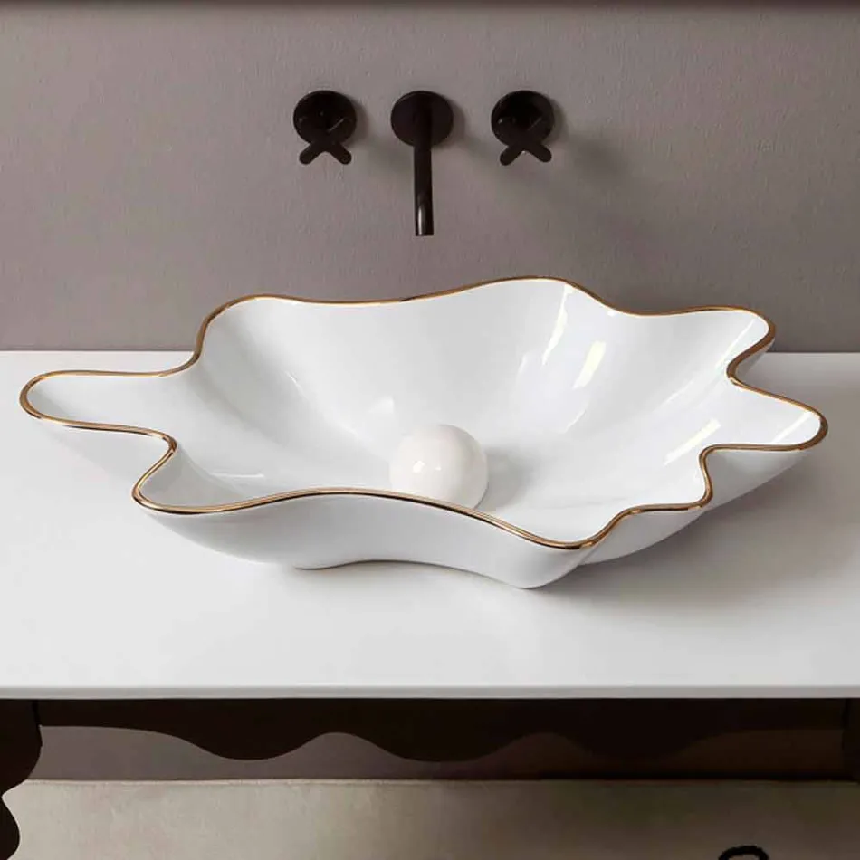 Lavabo da appoggio design ceramica bianco bordo oro made Italy Rayan Viadurini