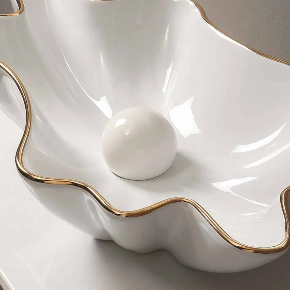 Lavabo da appoggio design ceramica bianco bordo oro made Italy Rayan Viadurini