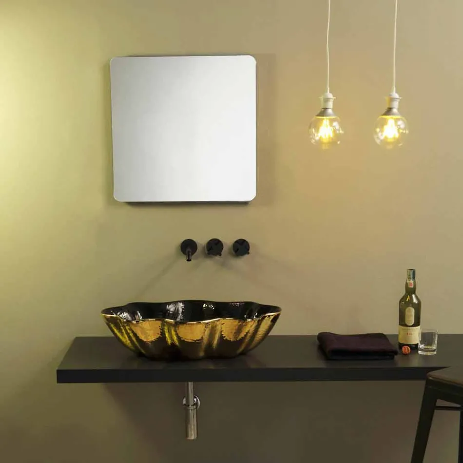 Lavabo da appoggio di design ceramica nero e oro made in Italy Cubo Viadurini