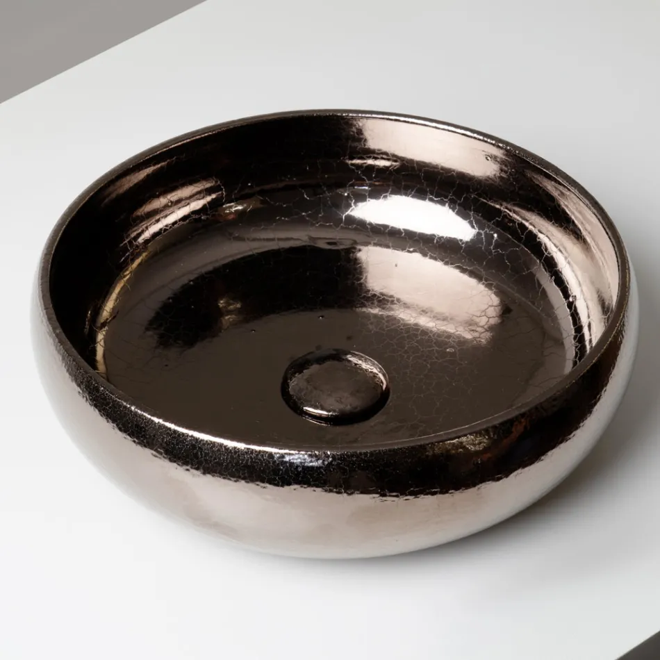 Lavabo da Appoggio in Argilla Raku Metallica Tornito a Mano - Prisma Viadurini