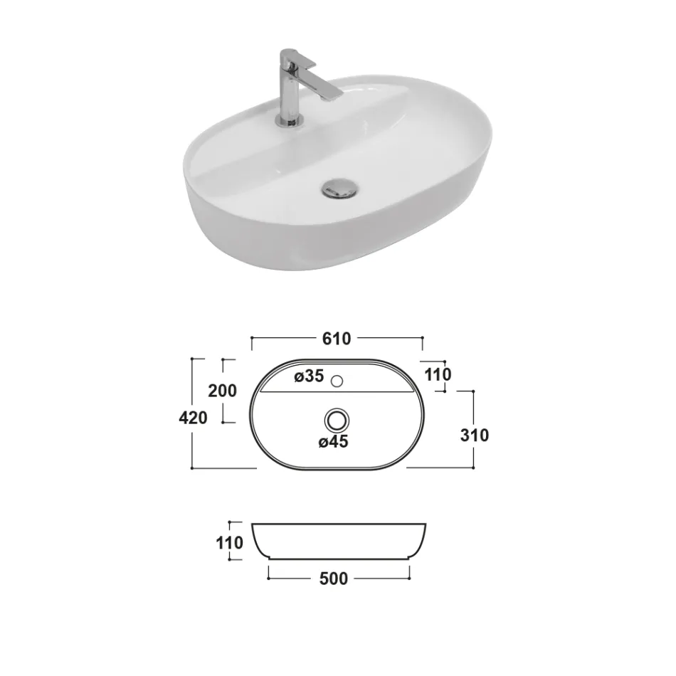 Lavabo da Appoggio in Ceramica e Foro Rubinetteria Design Moderno - Papavero Viadurini