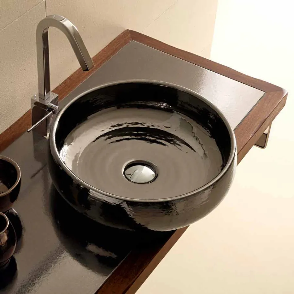 Lavabo da appoggio in ceramica raku fatto a mano in Italia, Ramon Viadurini