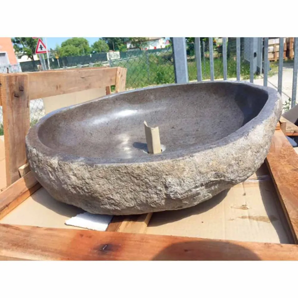 Lavabo da Appoggio Lavorato Artigianalemente in Pietra di Fiume - Aurea Viadurini