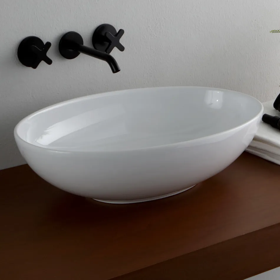 Lavabo da Appoggio Ovale in Ceramica Lucida Realizzato in Italia - Ferry Viadurini