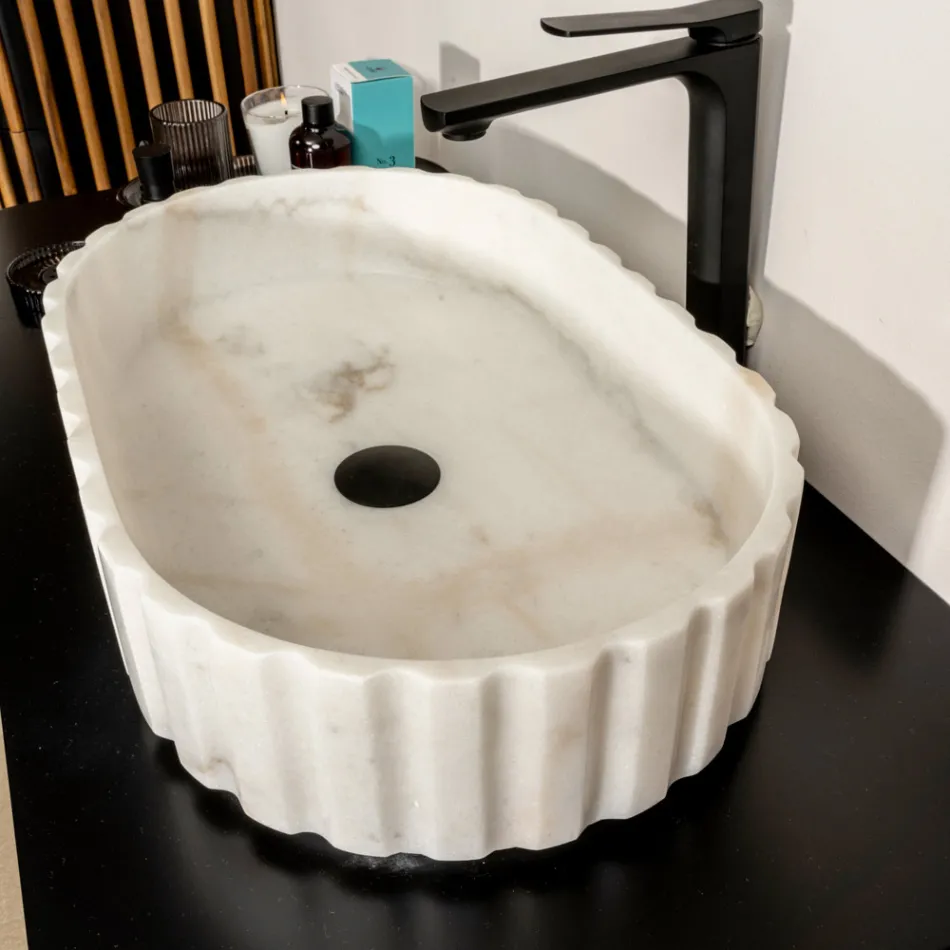Lavabo da Appoggio Ovale per il Bagno Realizzato in Marmo Bianco - Cunzite Viadurini