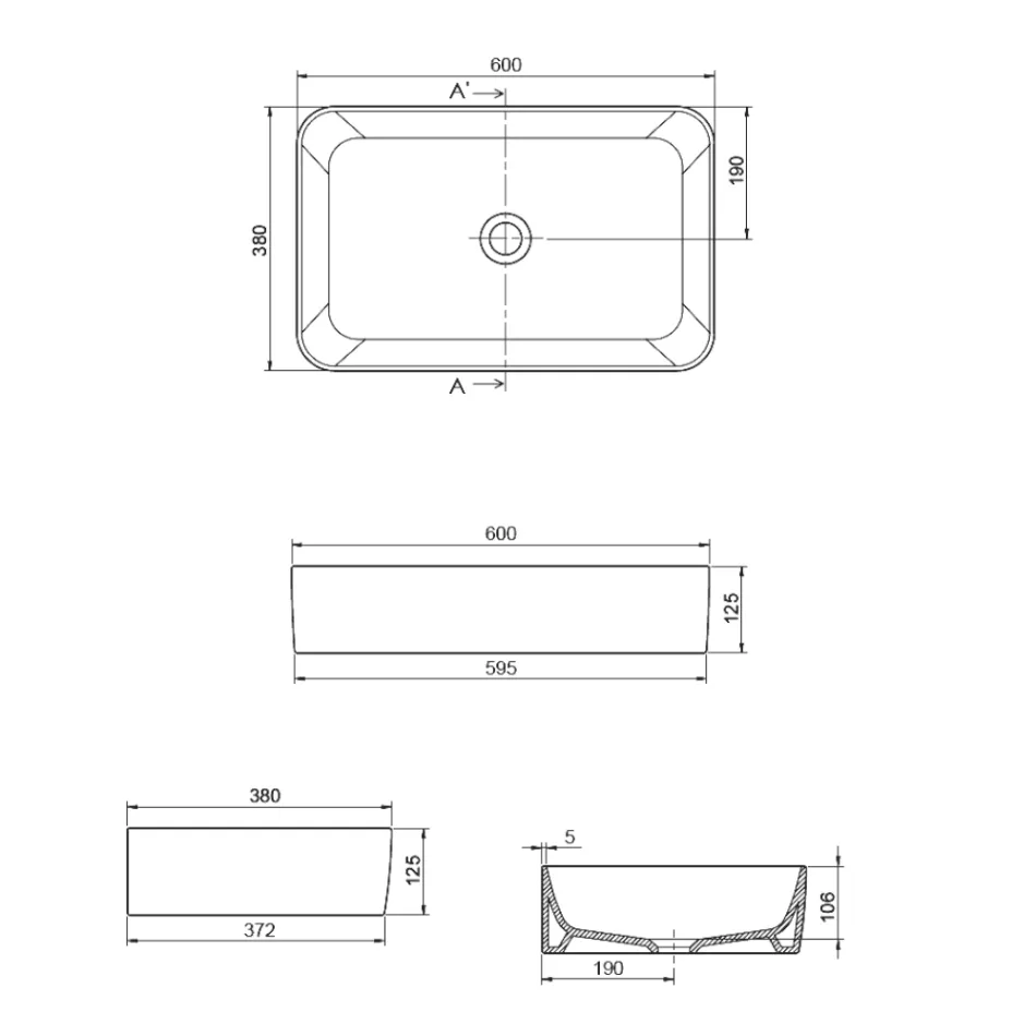 Lavabo da Appoggio Rettangolare in Ceramica dal Design Moderno - Aster Viadurini