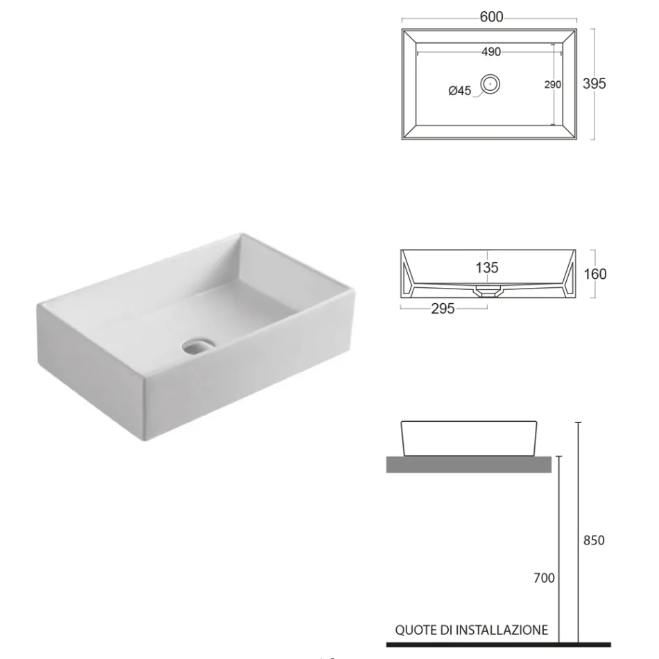Lavabo da Appoggio Rettangolare in Ceramica dal Design Moderno - Papavero Viadurini