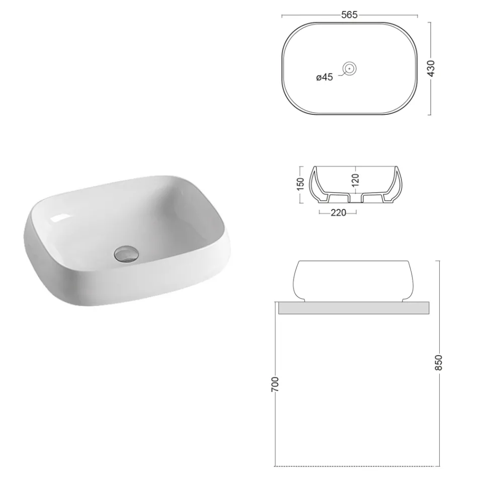 Lavabo da Appoggio Rettangolare in Ceramica dal Design Moderno - Papavero Viadurini