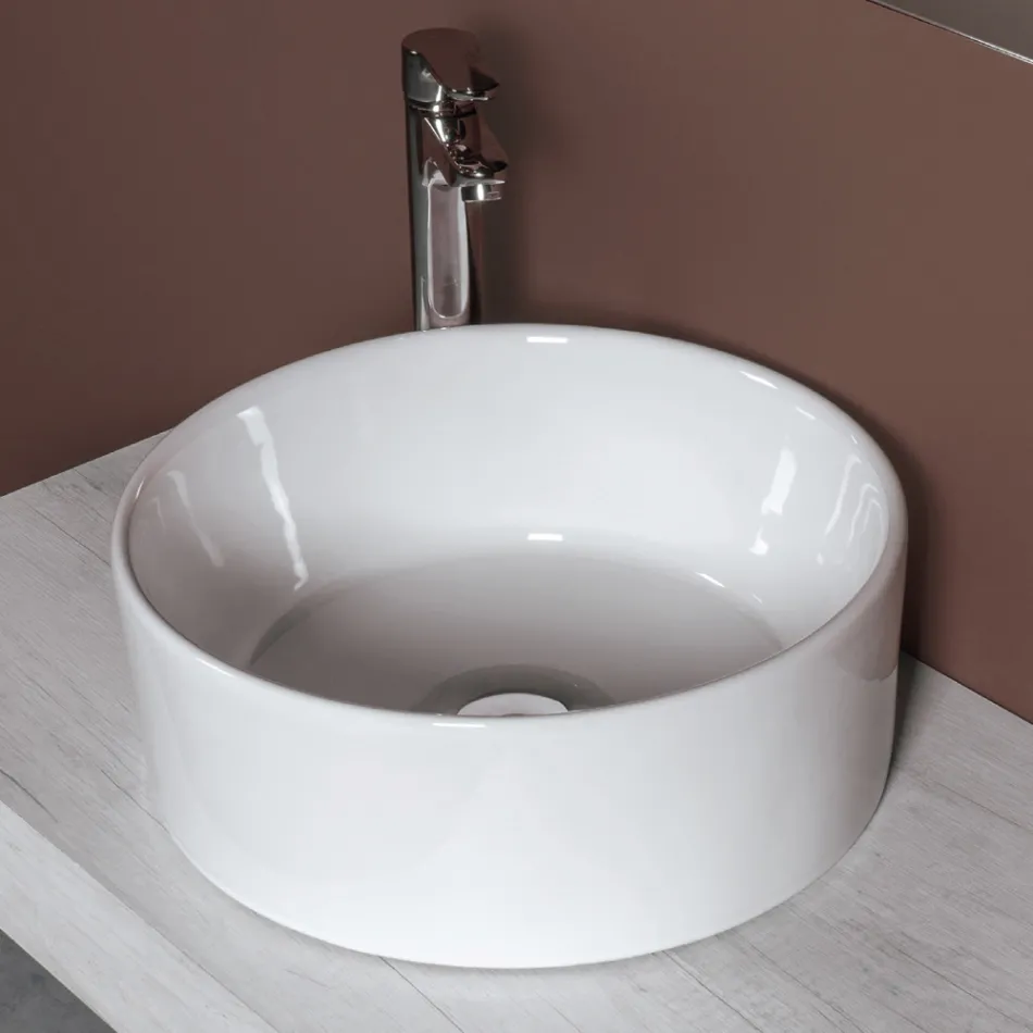 Lavabo da Appoggio Rotondo in Ceramica Bianca e Design Moderno- Papavero Viadurini