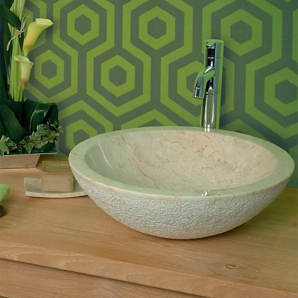 Lavabo da Appoggio Rotondo in Pietra Naturale Beige Esterno Grezzo Pai Viadurini