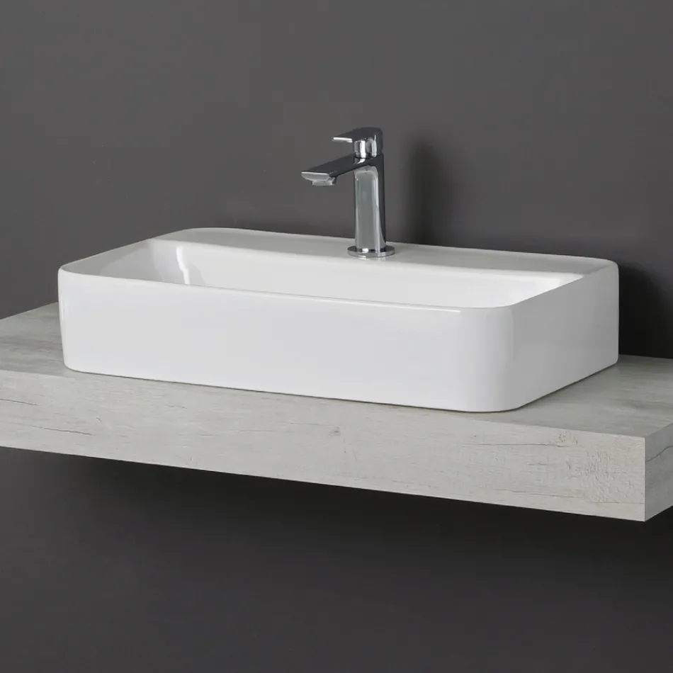 Lavabo da Appoggio Squadrato in Ceramica Bianca e Foro Rubinetteria - Aster Viadurini