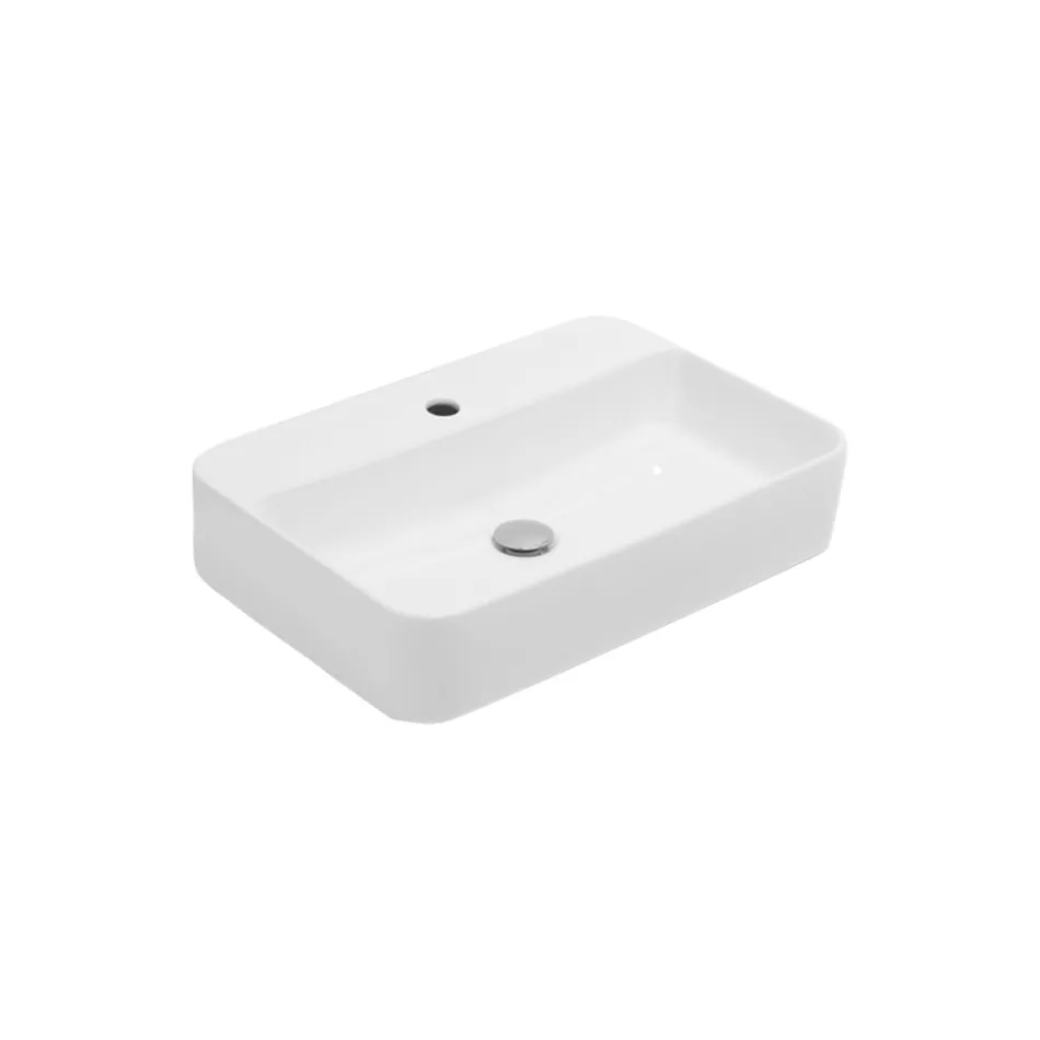 Lavabo da Appoggio Squadrato in Ceramica Bianca e Foro Rubinetteria - Aster Viadurini