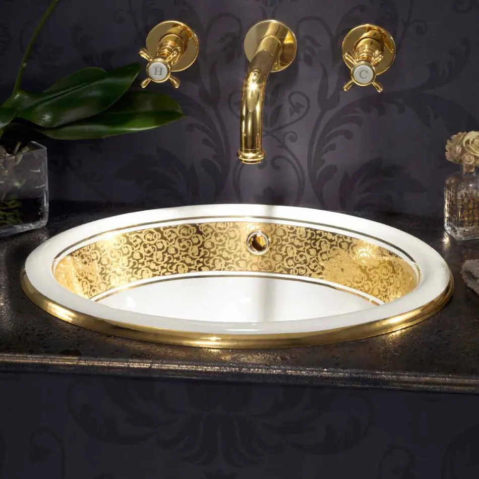 Lavabo da incasso tondo in fire clay e oro fatto in Italia, Otis Viadurini
