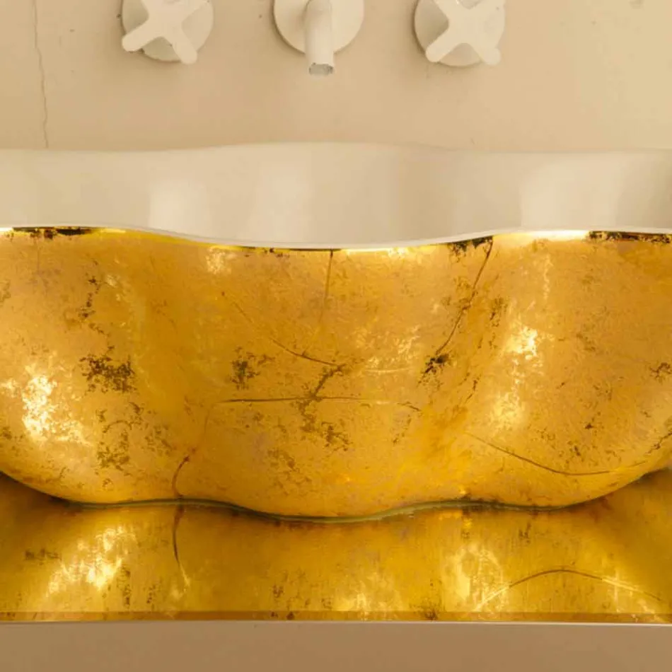 Lavabo di design da appoggio in ceramica bianco e oro made Italy Cubo Viadurini