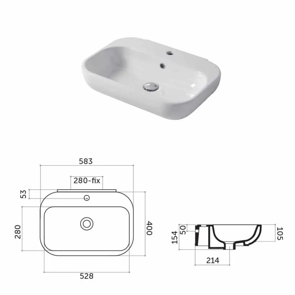 Lavabo di Design Monoforo da Appoggio o Parete in Ceramica Riardo Viadurini