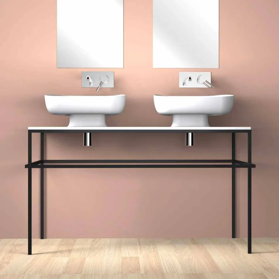 Lavabo doppio da appoggio in ceramica moderno fatto in Italia, Reale Viadurini