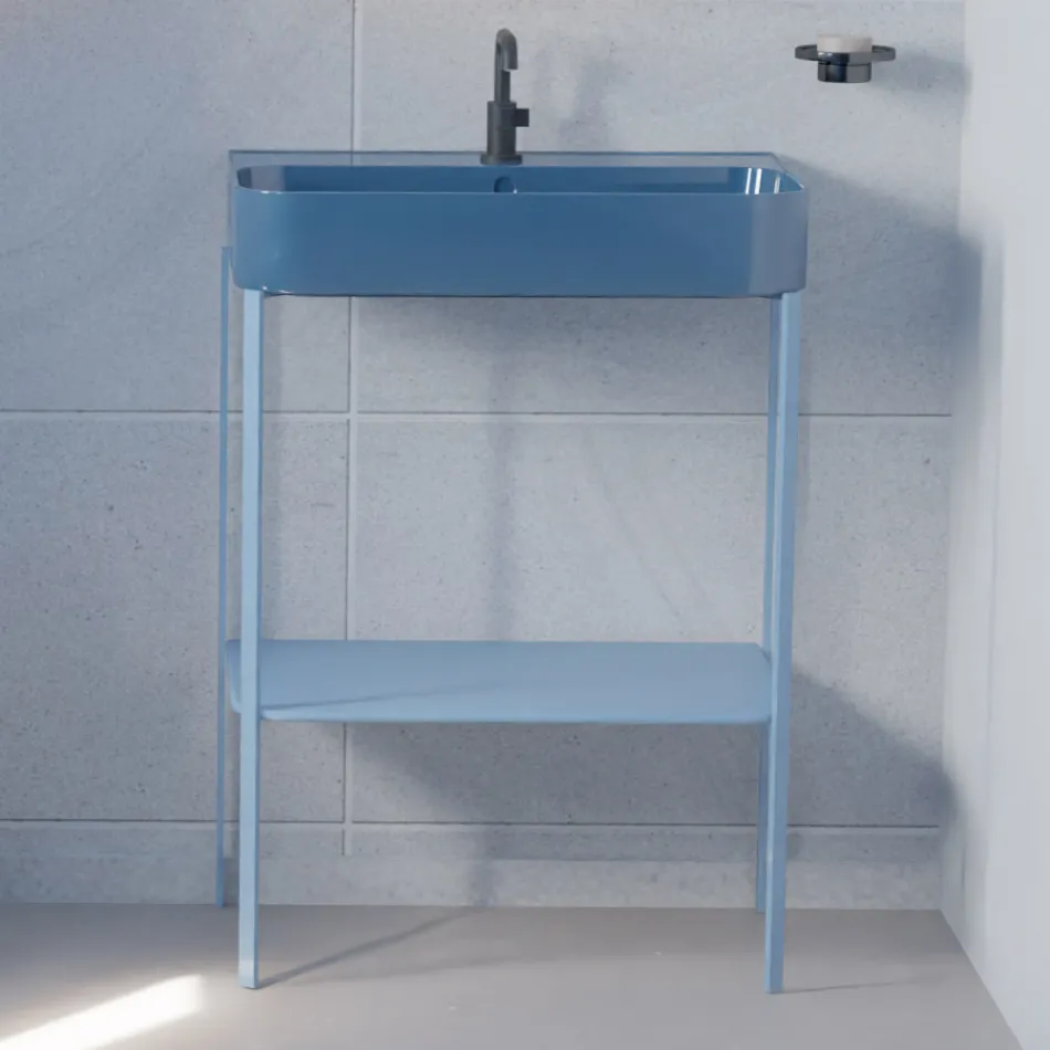 Lavabo in Ceramica con Struttura a Terra con Ripiano Made in Italy - Graffa Viadurini
