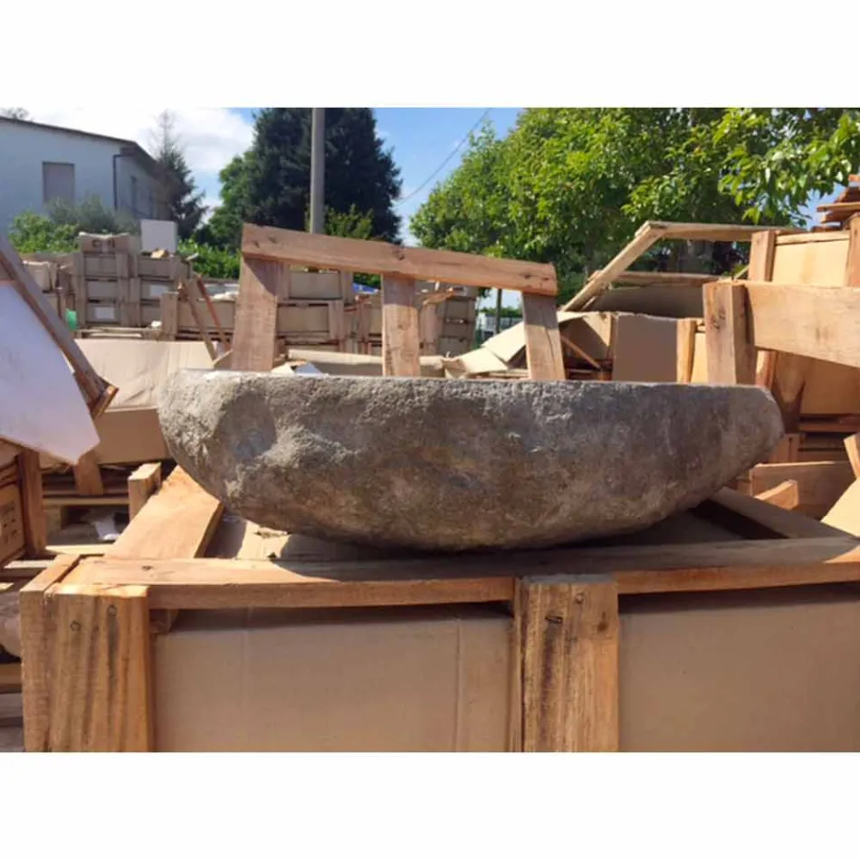 Lavabo in Pietra di Fiume da Appoggio Lavorato Artigianalmente - Aurea Viadurini