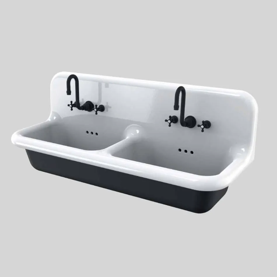 Lavabo moderno da muro a doppia vasca in ceramica di design Jack Viadurini
