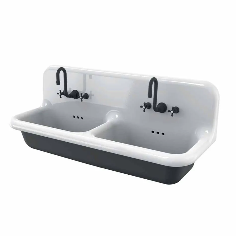 Lavabo moderno da muro a doppia vasca in ceramica di design Jack Viadurini