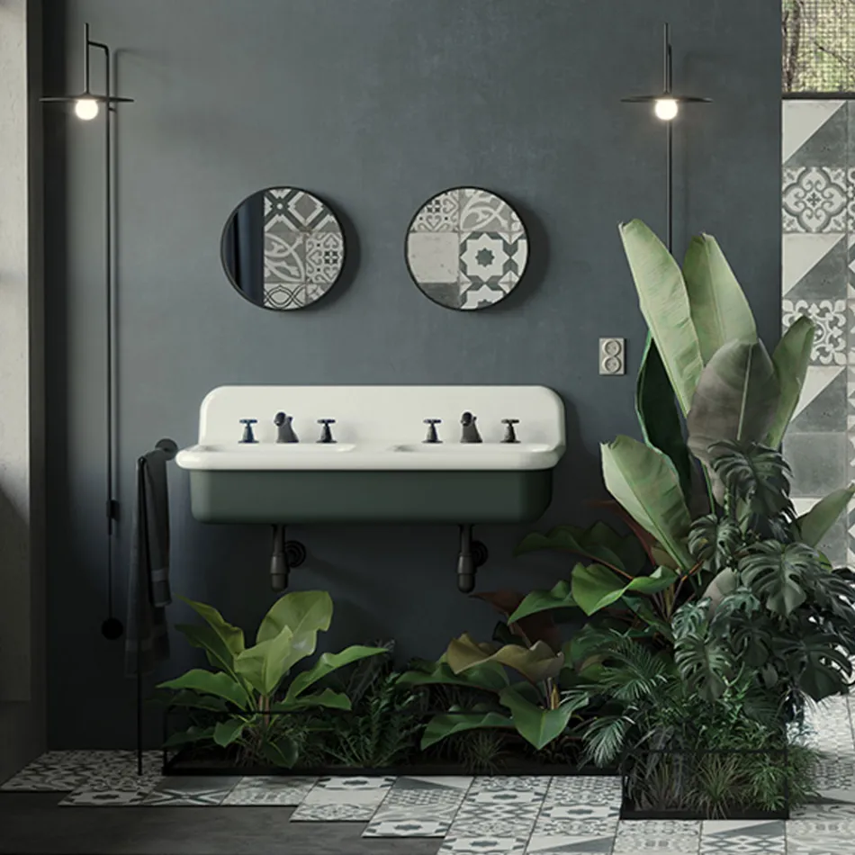 Lavabo per il Bagno Doppio con Struttura Rettangolare e in Ceramica - Kevin Viadurini