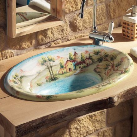 Lavabo Semincasso in Fire Clay con Paesaggio di Deruta Made in italy - Principe Viadurini