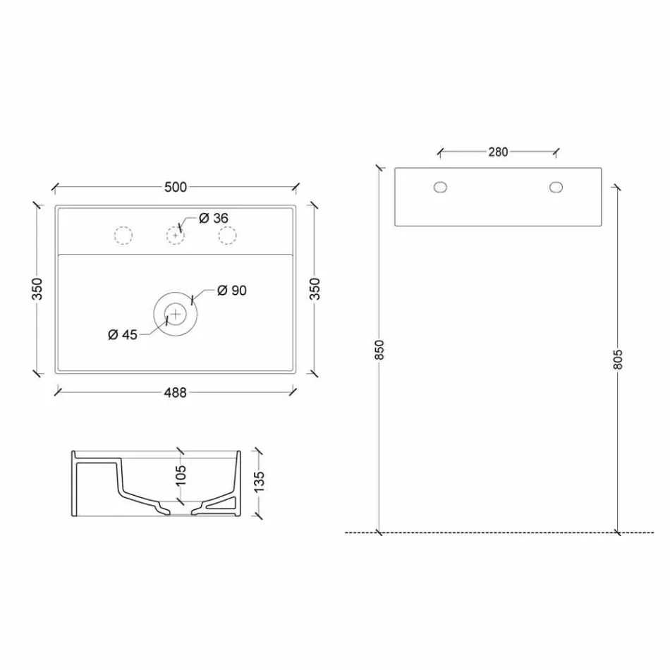 Lavabo sospeso in ceramica Sun 50x35 cm, diversi colori disponibili Viadurini