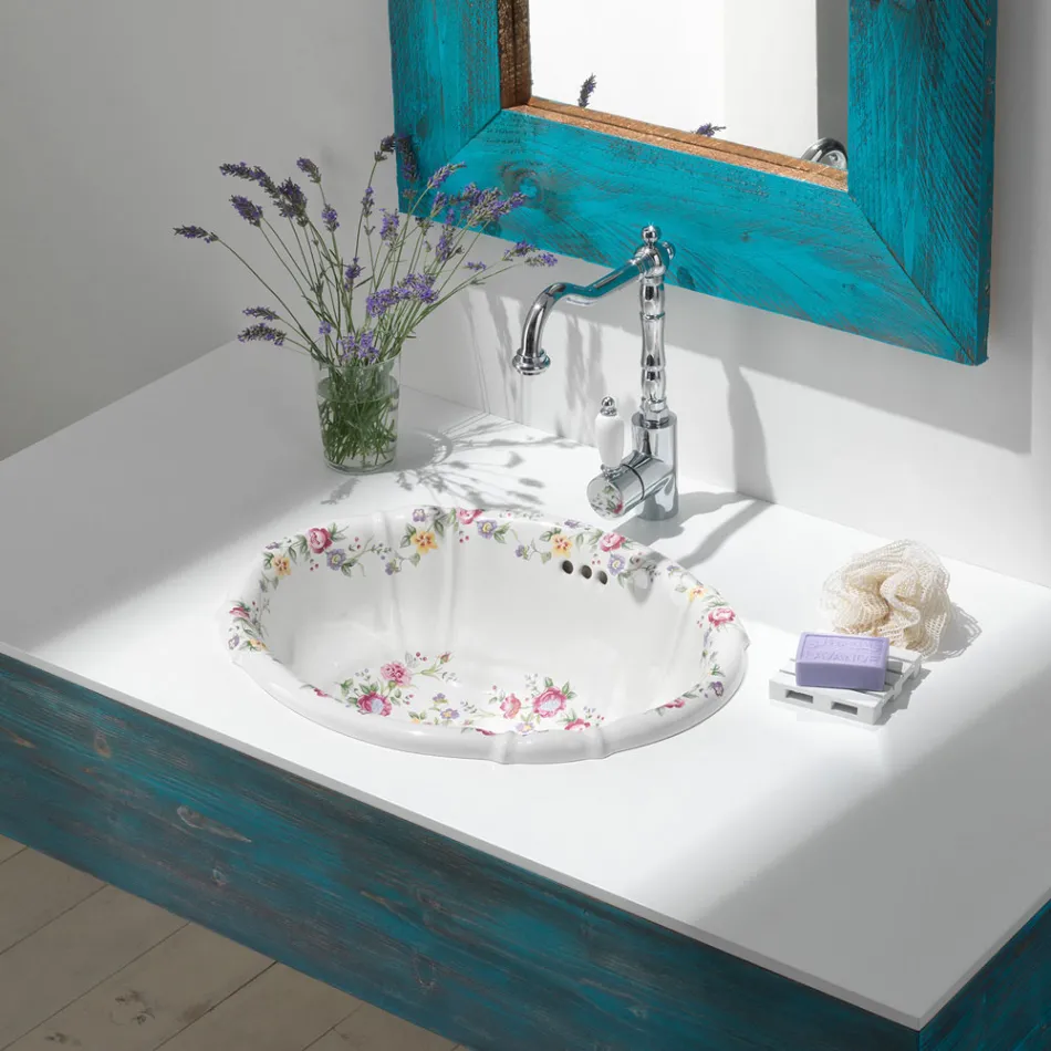 Lavabo Vintage in Porcellana Fuso a Mano con Fiori Made in italy - Barbera Viadurini