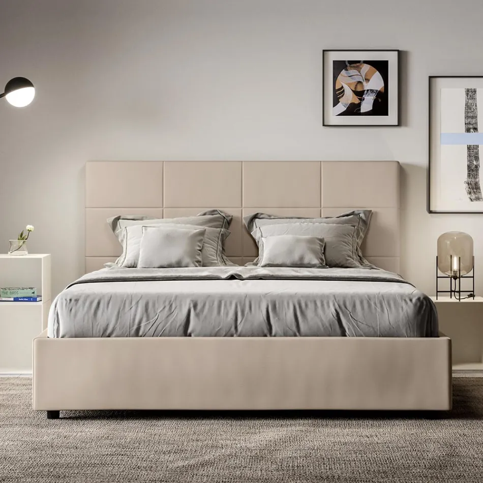 Letto 160x200 cm con Testata a Rettangoli in Similpelle Made in Italy - Brina Viadurini