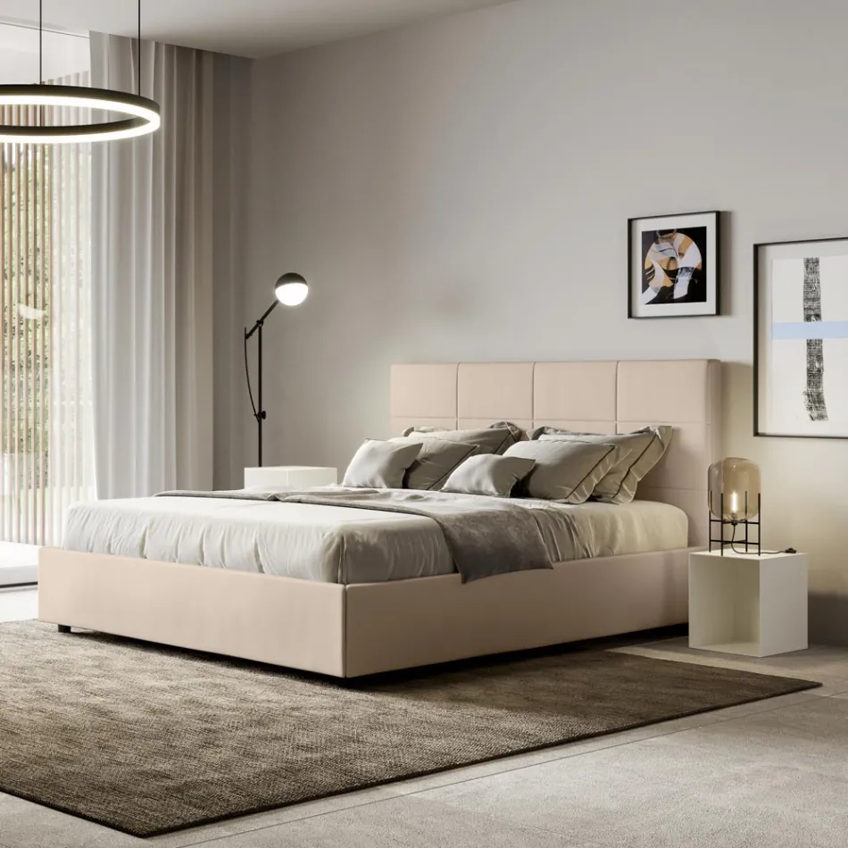 Letto 160x200 cm con Testata a Rettangoli in Similpelle Made in Italy - Brina Viadurini