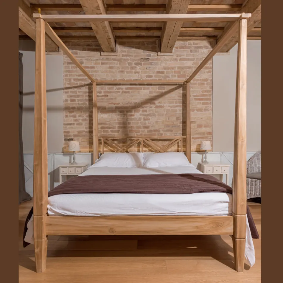 Letto Matrimoniale 160x200 con Baldacchino in Legno Teak Massello - Acquarello Viadurini