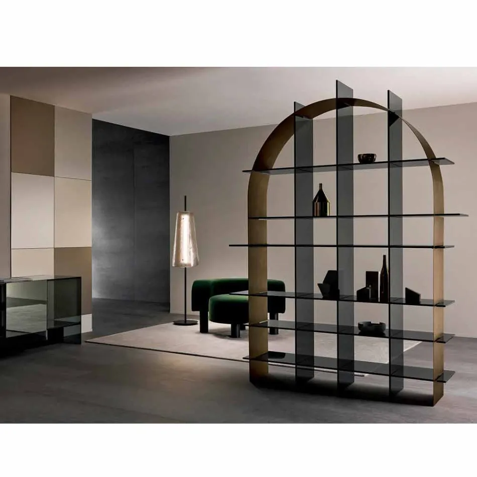 Libreria Freestanding ad Arco in Vetro Fumè e Bronzo Spazzolato Design - Marco Viadurini