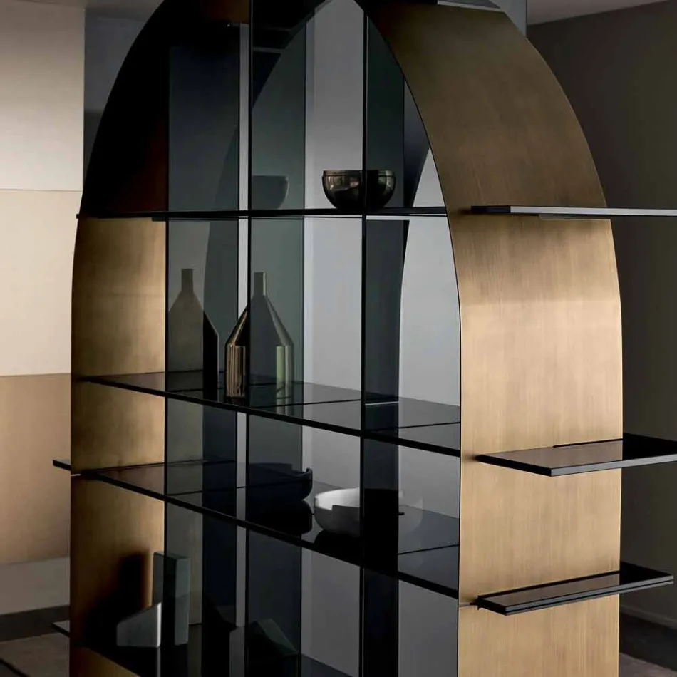 Libreria Freestanding ad Arco in Vetro Fumè e Bronzo Spazzolato Design - Marco Viadurini