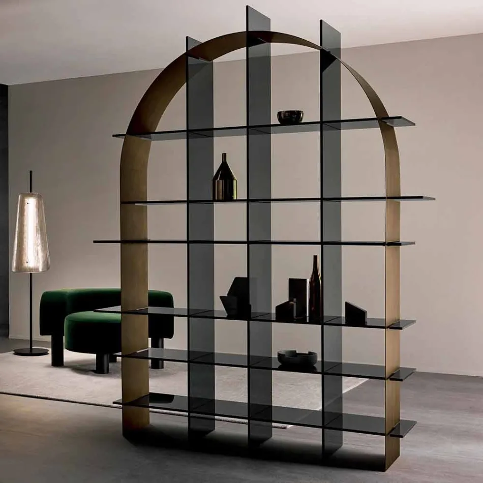 Libreria Freestanding ad Arco in Vetro Fumè e Bronzo Spazzolato Design - Marco Viadurini