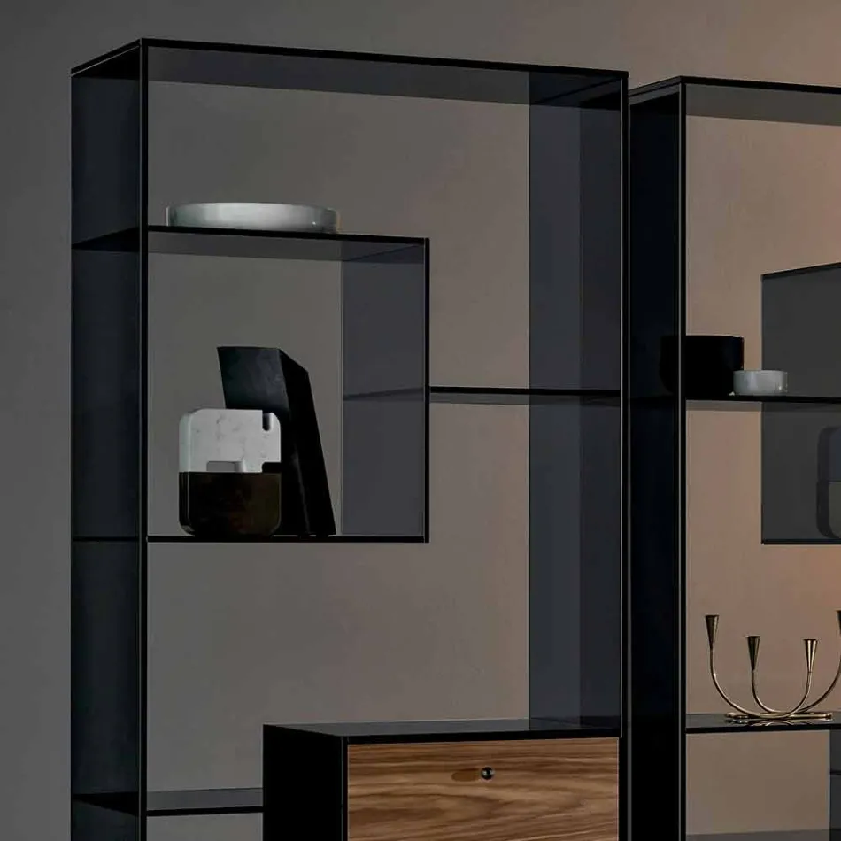 Libreria in Vetro Fumè con Cassetto Legno Noce Canaletto Design Italiano - Linzy Viadurini