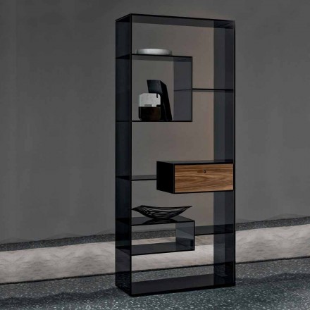 Libreria in Vetro Fumè con Cassetto Legno Noce Canaletto Design Italiano - Linzy Viadurini