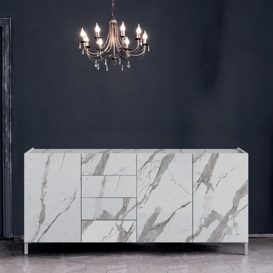 Madia da Salotto Rivestita in Melaminico Finitura Marmo Made in Italy - Zinco Viadurini