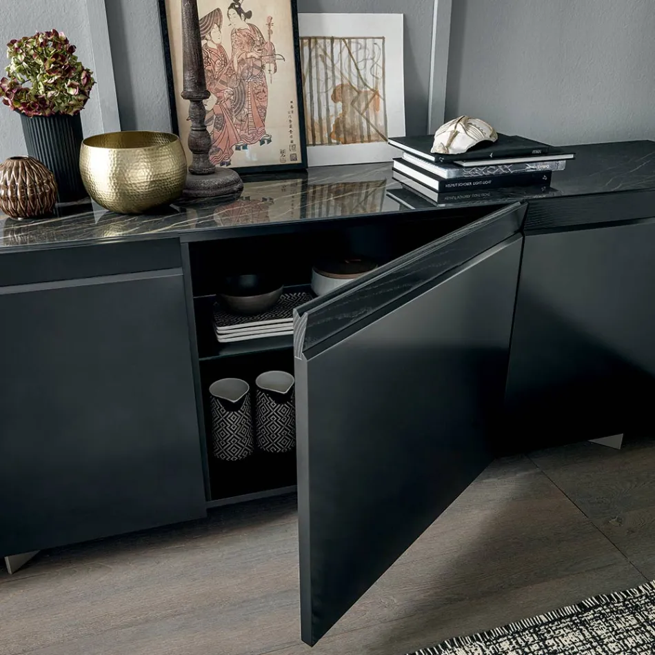 Madia in Legno 3 Ante con Bordo Inclinato e Piano in Ceramica - Mondolfo Viadurini