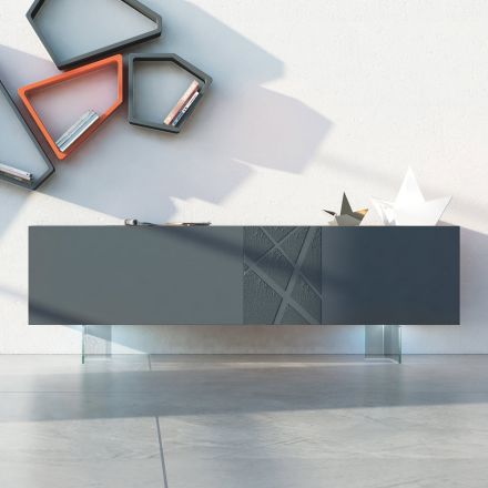 Madia in Mdf Grigio Grafite con Piedini in Vetro Made in Italy - Zelia Viadurini