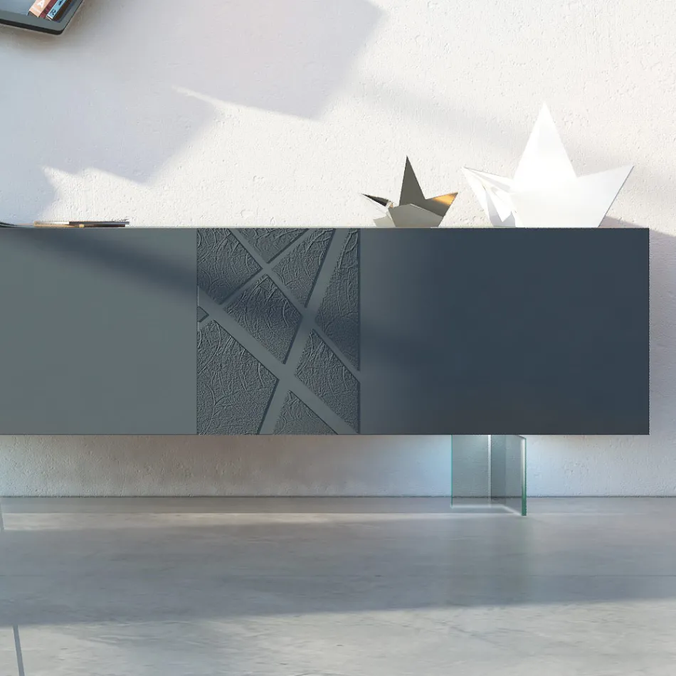Madia in Mdf Grigio Grafite con Piedini in Vetro Made in Italy - Zelia Viadurini