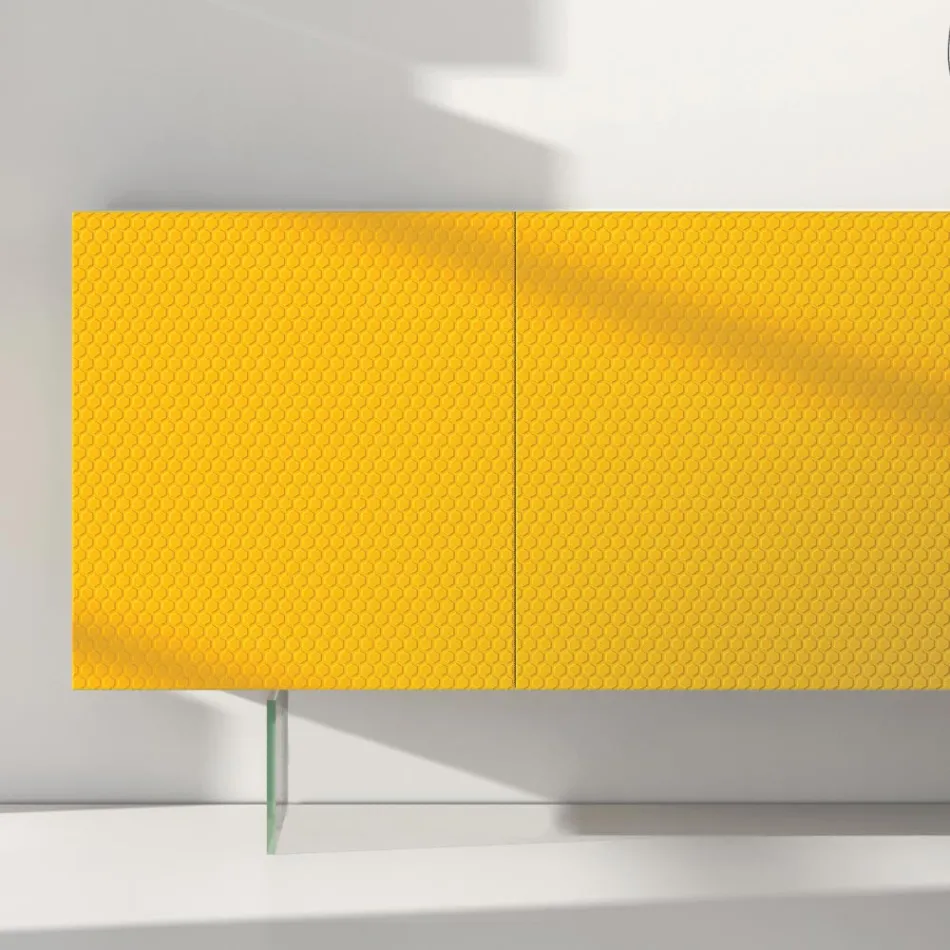 Madia in Mdf Laccato Giallo con 3 Ante e Piedi in Vetro Made in Italy - Ciara Viadurini