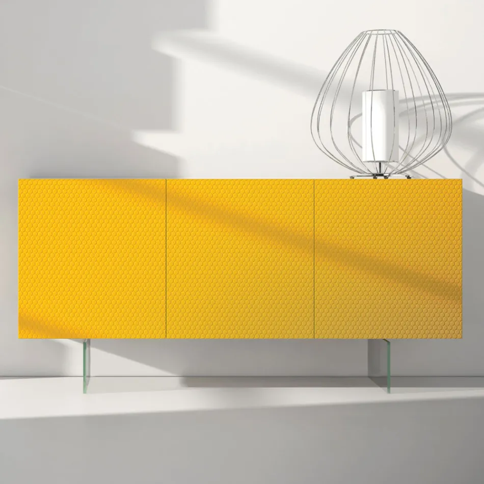 Madia in Mdf Laccato Giallo con 3 Ante e Piedi in Vetro Made in Italy - Ciara Viadurini