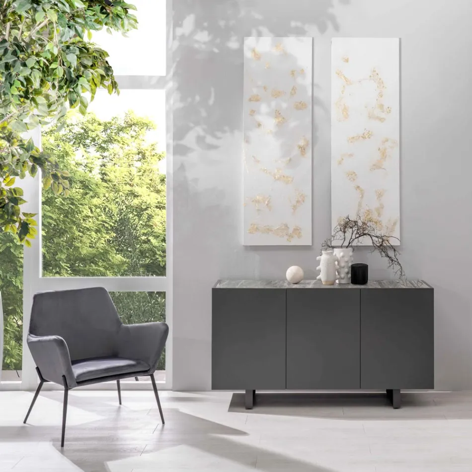 Madia in MDF, Top in Ceramica Effetto Marmo Grigio con 3 Ante Push-pull - Click Viadurini