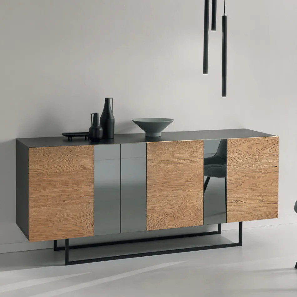 Madia in Nobilitato con 3 Ante in Rovere e Specchio Made in Italy - Romina Viadurini
