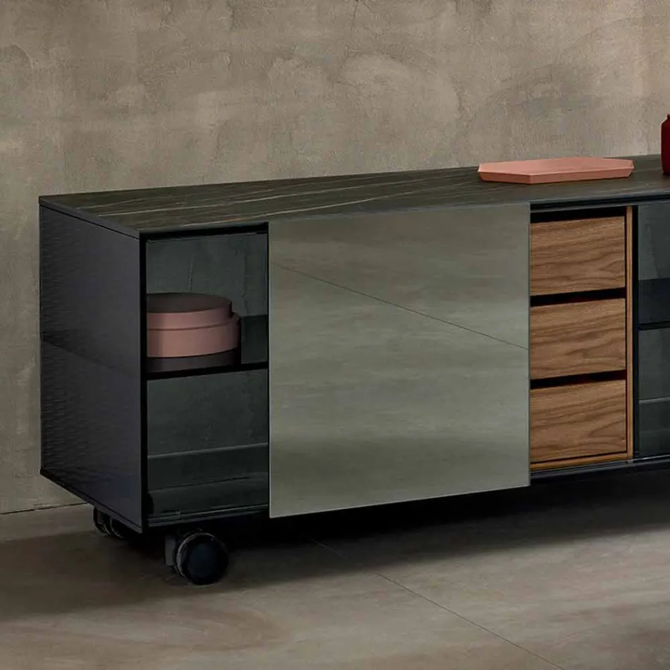 Madia Moderna su Ruote in Vetro Fumè e Top in Ceramica Made in Italy – Sciocca Viadurini
