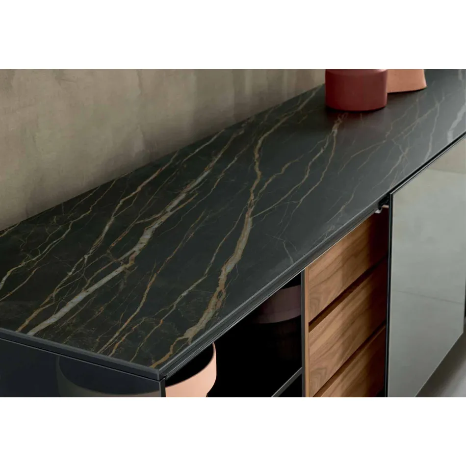 Madia Moderna su Ruote in Vetro Fumè e Top in Ceramica Made in Italy – Sciocca Viadurini