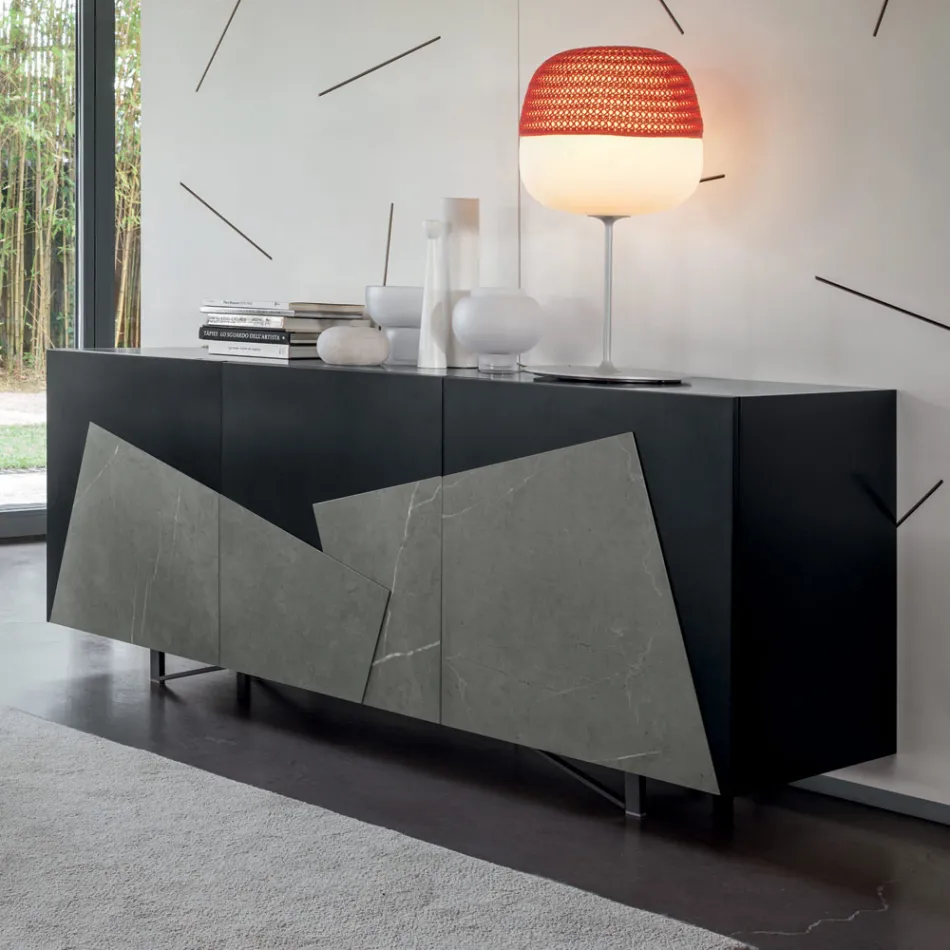 Madia Soggiorno in Mdf Laccato 3 Ante con Inserti in Ceramica - Imperio Viadurini