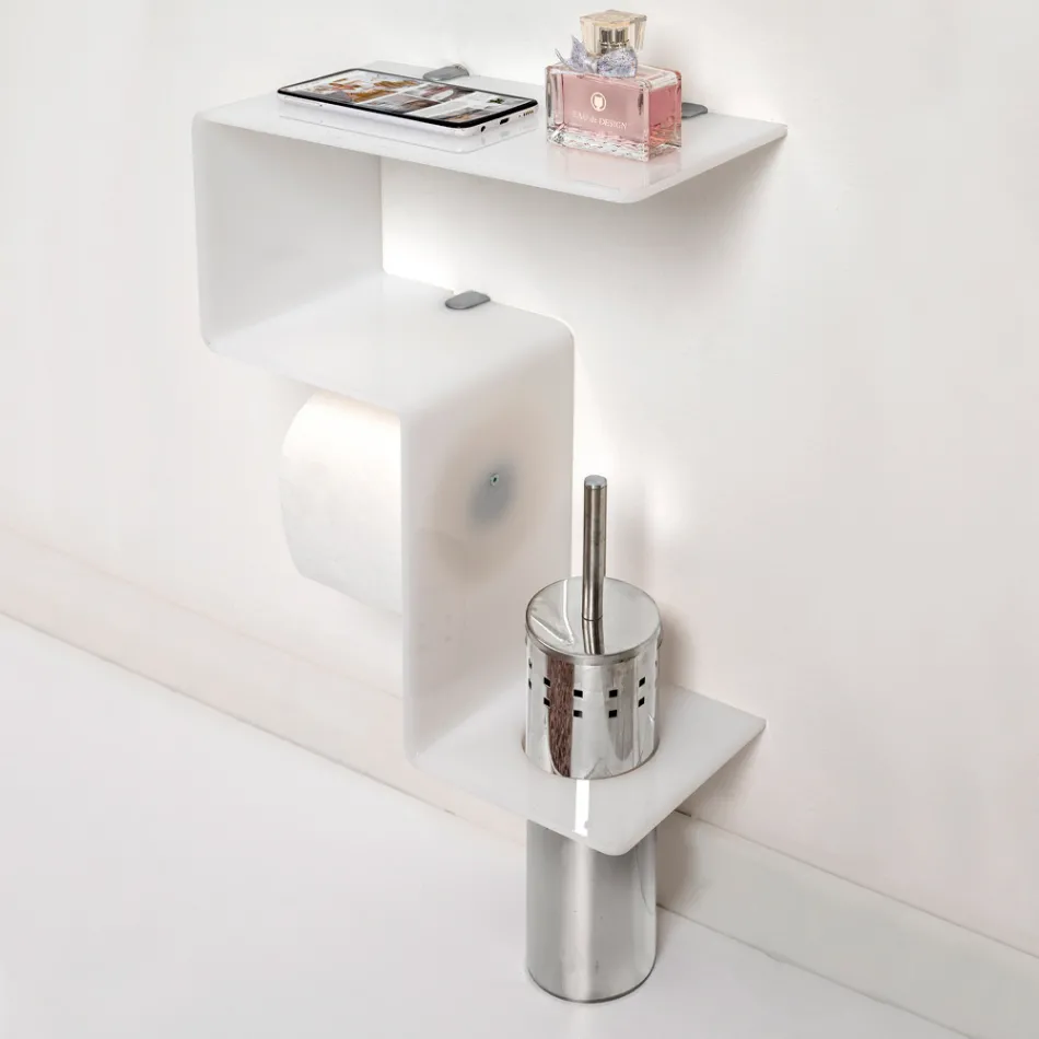 Mensola per il Bagno con Porta Rotolo e Porta Scopino Made in Italy - Paperone Viadurini