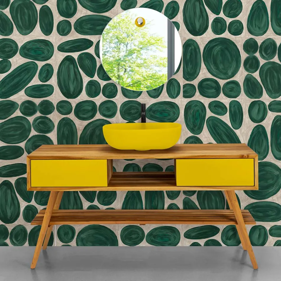 Mobile Bagno a Terra Giallo in Teak Naturale con Cassettiera  - Hamadou Viadurini